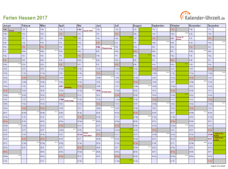 Ferien 2017 Hessen im Kalender - A4 quer-einseitig Ferienkalender 2017 für Hessen - A4 quer-einseitig