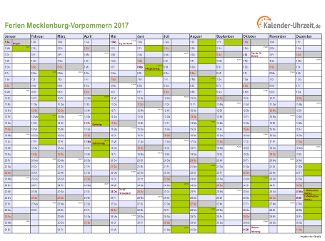 Ferien 2017 Meck.-Pomm. im Kalender - A4 quer-einseitig Ferienkalender 2017 für Meck.-Pomm. - A4 quer-einseitig