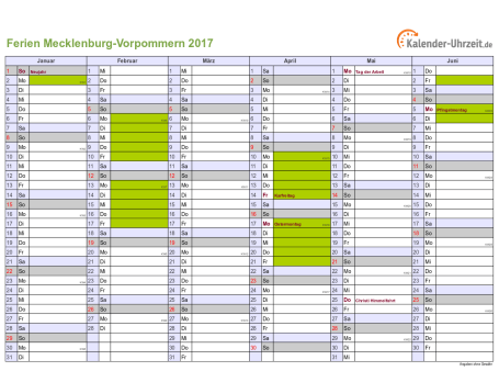 Ferienkalender 2017 für Meck.-Pomm. - A4 quer-zweiseitig