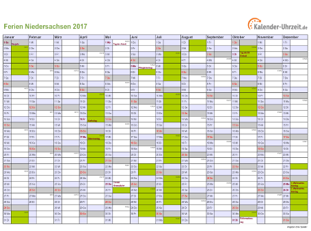 Ferien 2017 Niedersachsen im Kalender - A4 quer-einseitig Ferienkalender 2017 für Niedersachsen - A4 quer-einseitig