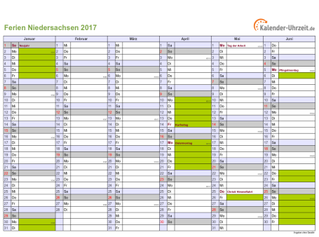 Ferienkalender 2017 für Niedersachsen - A4 quer-zweiseitig