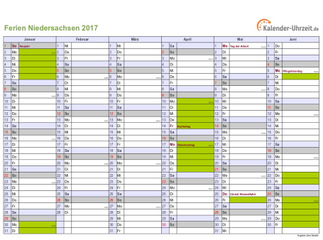Ferien 2017 Niedersachsen im Kalender - A4 quer-zweiseitig Ferienkalender 2017 für Niedersachsen - A4 quer-zweiseitig