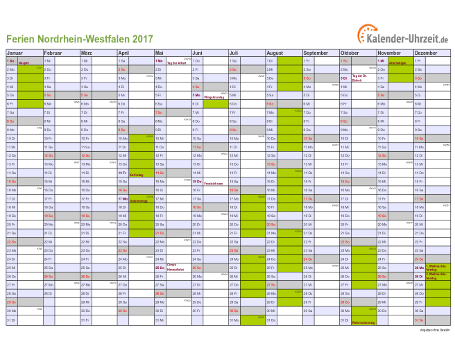 Ferien 2017 Nordrhein-Westfalen im Kalender - A4 quer-einseitig Ferienkalender 2017 für Nordrhein-Westfalen - A4 quer-einseitig