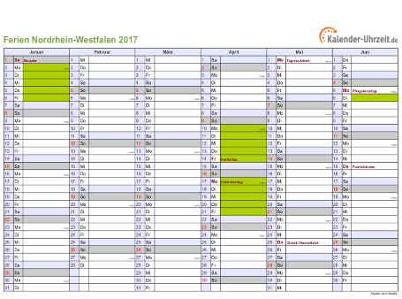 Ferienkalender 2017 für Nordrhein-Westfalen - A4 quer-zweiseitig