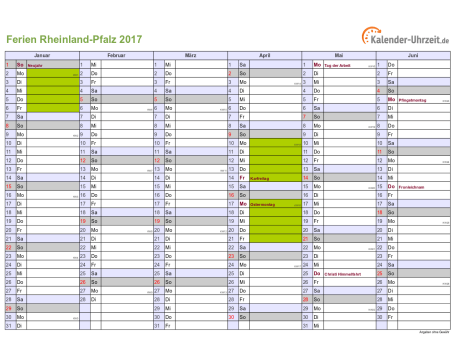 Ferienkalender 2017 für Rheinland-Pfalz - A4 quer-zweiseitig