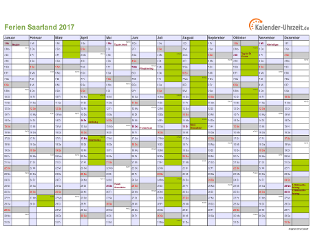 Ferien 2017 Saarland im Kalender - A4 quer-einseitig Ferienkalender 2017 für Saarland - A4 quer-einseitig