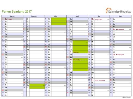 Ferienkalender 2017 für Saarland - A4 quer-zweiseitig