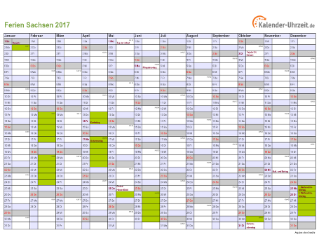 Ferien 2017 Sachsen im Kalender - A4 quer-einseitig Ferienkalender 2017 für Sachsen - A4 quer-einseitig