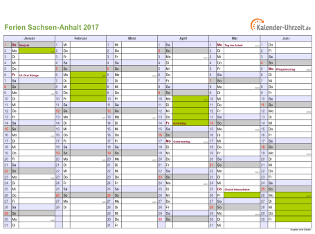 Ferienkalender 2017 für Sachsen-Anhalt - A4 quer-zweiseitig