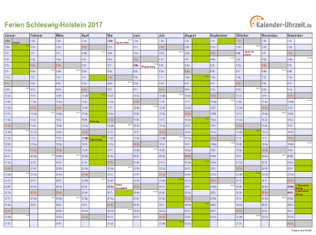 Ferien 2017 Schleswig-Holstein im Kalender - A4 quer-einseitig Ferienkalender 2017 für Schleswig-Holstein - A4 quer-einseitig