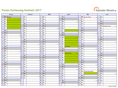 Ferienkalender 2017 für Schleswig-Holstein - A4 quer-zweiseitig