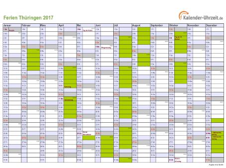 Ferien 2017 Thüringen im Kalender - A4 quer-einseitig Ferienkalender 2017 für Thüringen - A4 quer-einseitig