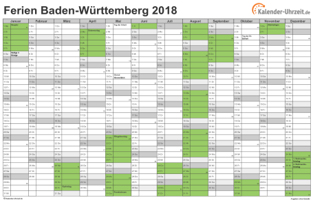 Ferien 2018 Baden-Württemberg im Kalender - A4 quer-einseitig Ferienkalender 2018 für Baden-Württemberg - A4 quer-einseitig