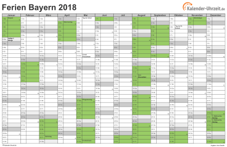 Ferienkalender 2018 für Bayern - A4 quer-einseitig