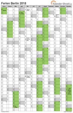 Ferienkalender 2018 für Berlin - A4 hoch-einseitig