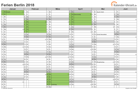 Ferienkalender 2018 für Berlin - A4 quer-zweiseitig