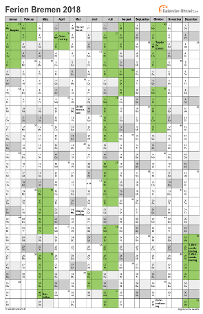 Ferienkalender 2018 für Bremen - A4 hoch-einseitig