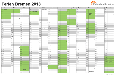 Ferienkalender 2018 für Bremen - A4 quer-einseitig