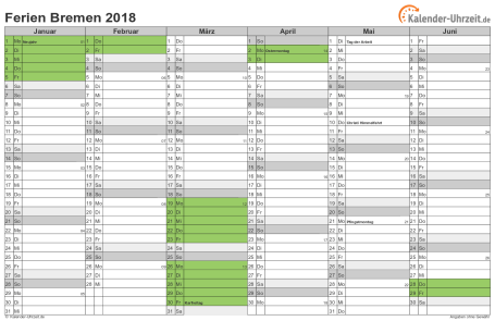 Ferienkalender 2018 für Bremen - A4 quer-zweiseitig