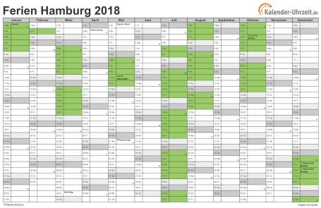 Ferien 2018 Hamburg im Kalender - A4 quer-einseitig Ferienkalender 2018 für Hamburg - A4 quer-einseitig