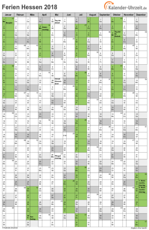 Ferienkalender 2018 für Hessen - A4 hoch-einseitig