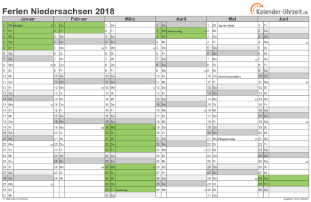 Ferienkalender 2018 für Niedersachsen - A4 quer-zweiseitig