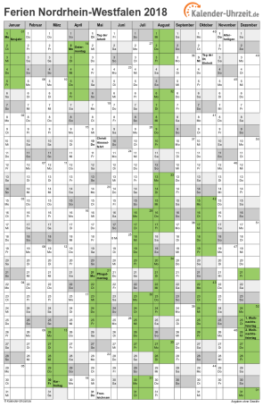 Ferienkalender 2018 für Nordrhein-Westfalen - A4 hoch-einseitig