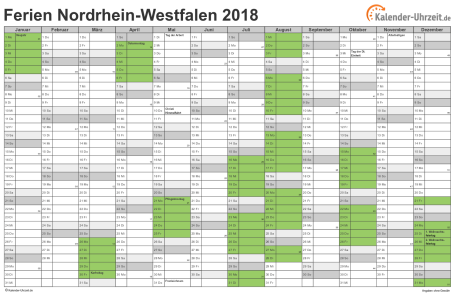 Ferienkalender 2018 für Nordrhein-Westfalen - A4 quer-einseitig