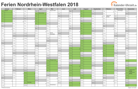 Ferien 2018 Nordrhein-Westfalen im Kalender - A4 quer-einseitig Ferienkalender 2018 für Nordrhein-Westfalen - A4 quer-einseitig