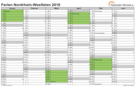 Ferien 2018 Nordrhein-Westfalen im Kalender - A4 quer-zweiseitig Ferienkalender 2018 für Nordrhein-Westfalen - A4 quer-zweiseitig