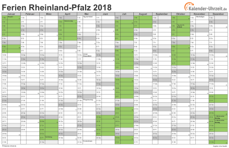 Ferien 2018 Rheinland-Pfalz im Kalender - A4 quer-einseitig Ferienkalender 2018 für Rheinland-Pfalz - A4 quer-einseitig