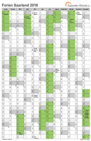 Ferienkalender 2018 für Saarland - A4 hoch-einseitig