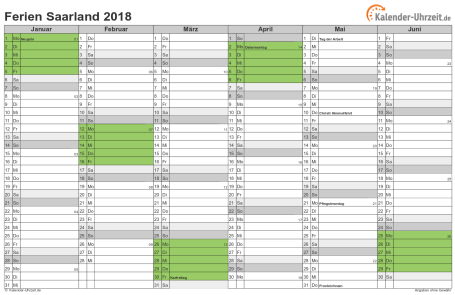 Ferienkalender 2018 für Saarland - A4 quer-zweiseitig