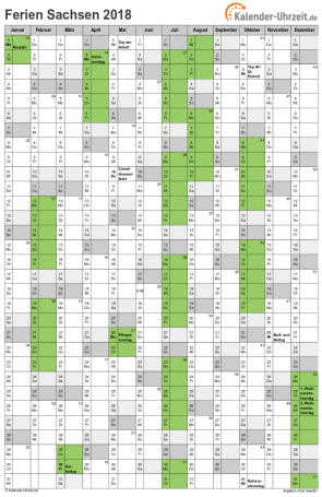 Ferienkalender 2018 für Sachsen - A4 hoch-einseitig