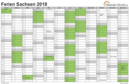 Ferien 2018 Sachsen im Kalender - A4 quer-einseitig Ferienkalender 2018 für Sachsen - A4 quer-einseitig