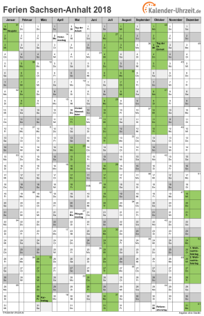 Ferien 2018 Sachsen-Anhalt im Kalender - A4 hoch-einseitig Ferienkalender 2018 für Sachsen-Anhalt - A4 hoch-einseitig