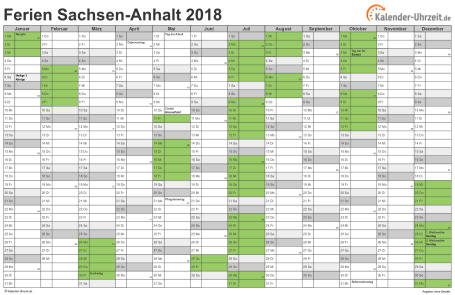 Ferienkalender 2018 für Sachsen-Anhalt - A4 quer-einseitig
