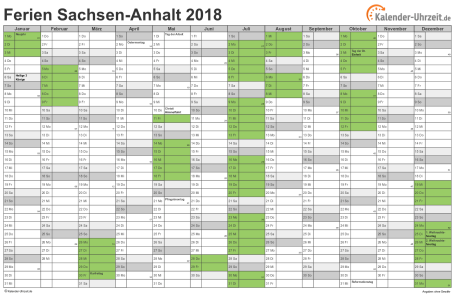 Ferien 2018 Sachsen-Anhalt im Kalender - A4 quer-einseitig Ferienkalender 2018 für Sachsen-Anhalt - A4 quer-einseitig