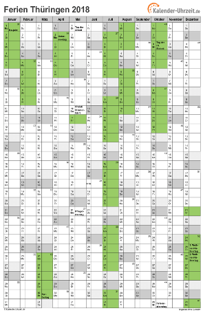 Ferienkalender 2018 für Thüringen - A4 hoch-einseitig