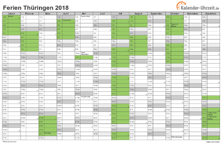 Ferienkalender 2018 für Thüringen - A4 quer-einseitig