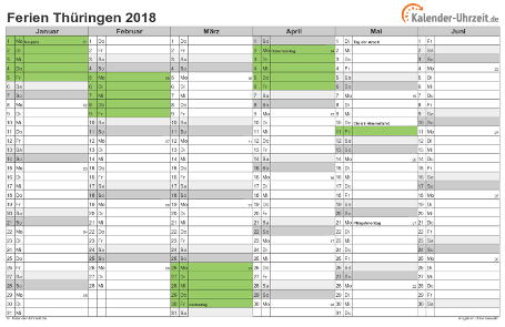 Ferienkalender 2018 für Thüringen - A4 quer-zweiseitig