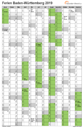 Ferienkalender 2019 für Baden-Württemberg - A4 hoch-einseitig