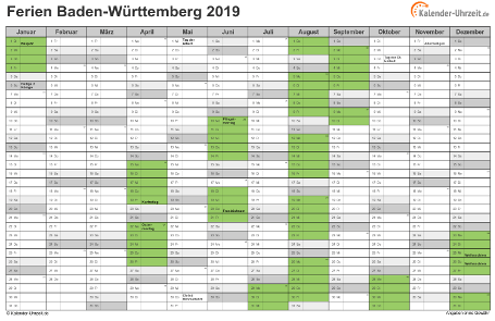 Ferienkalender 2019 für Baden-Württemberg - A4 quer-einseitig