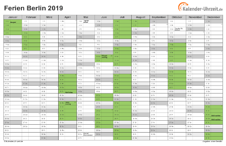 Ferienkalender 2019 für Berlin - A4 quer-einseitig