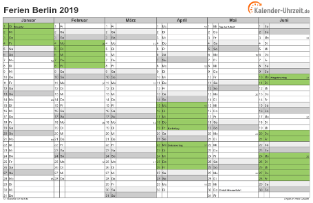 Ferienkalender 2019 für Berlin - A4 quer-zweiseitig