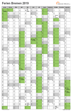 Ferienkalender 2019 für Bremen - A4 hoch-einseitig