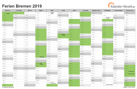 Ferienkalender 2019 für Bremen - A4 quer-einseitig