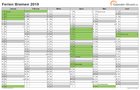 Ferienkalender 2019 für Bremen - A4 quer-zweiseitig