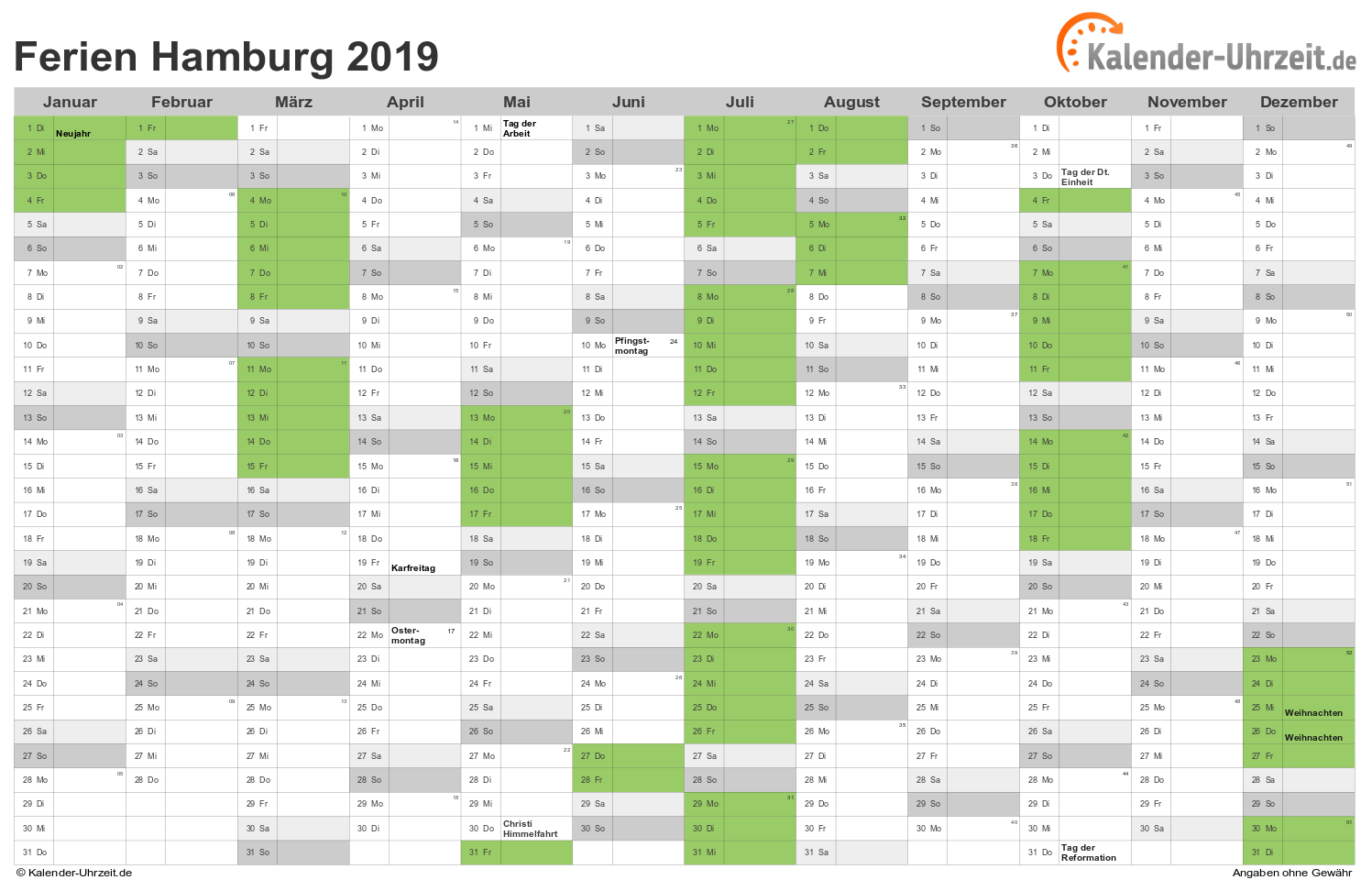 Ferien Hamburg 2019 - Ferienkalender zum Ausdrucken