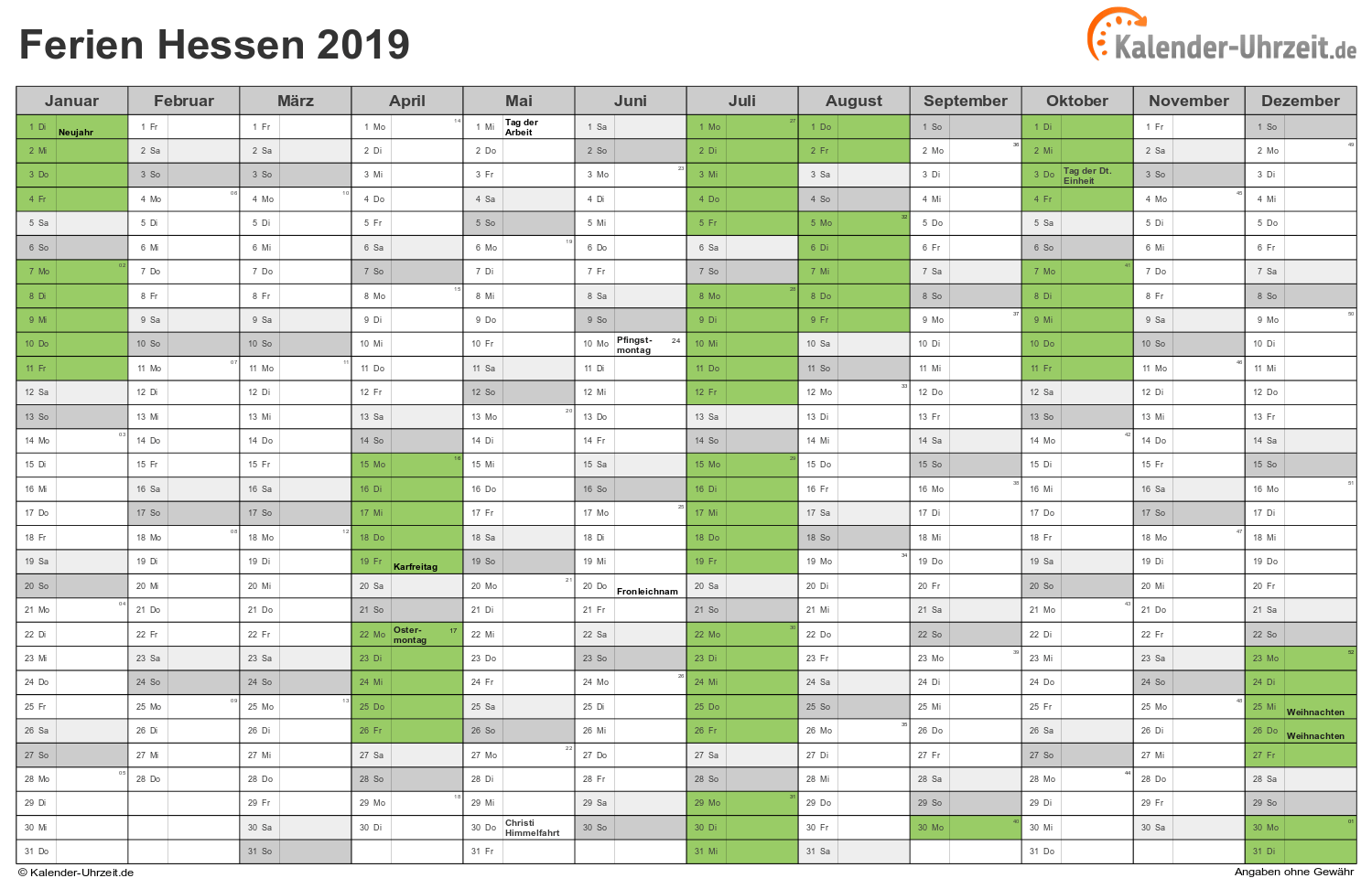 Ferien Hessen 2019 - Ferienkalender zum Ausdrucken